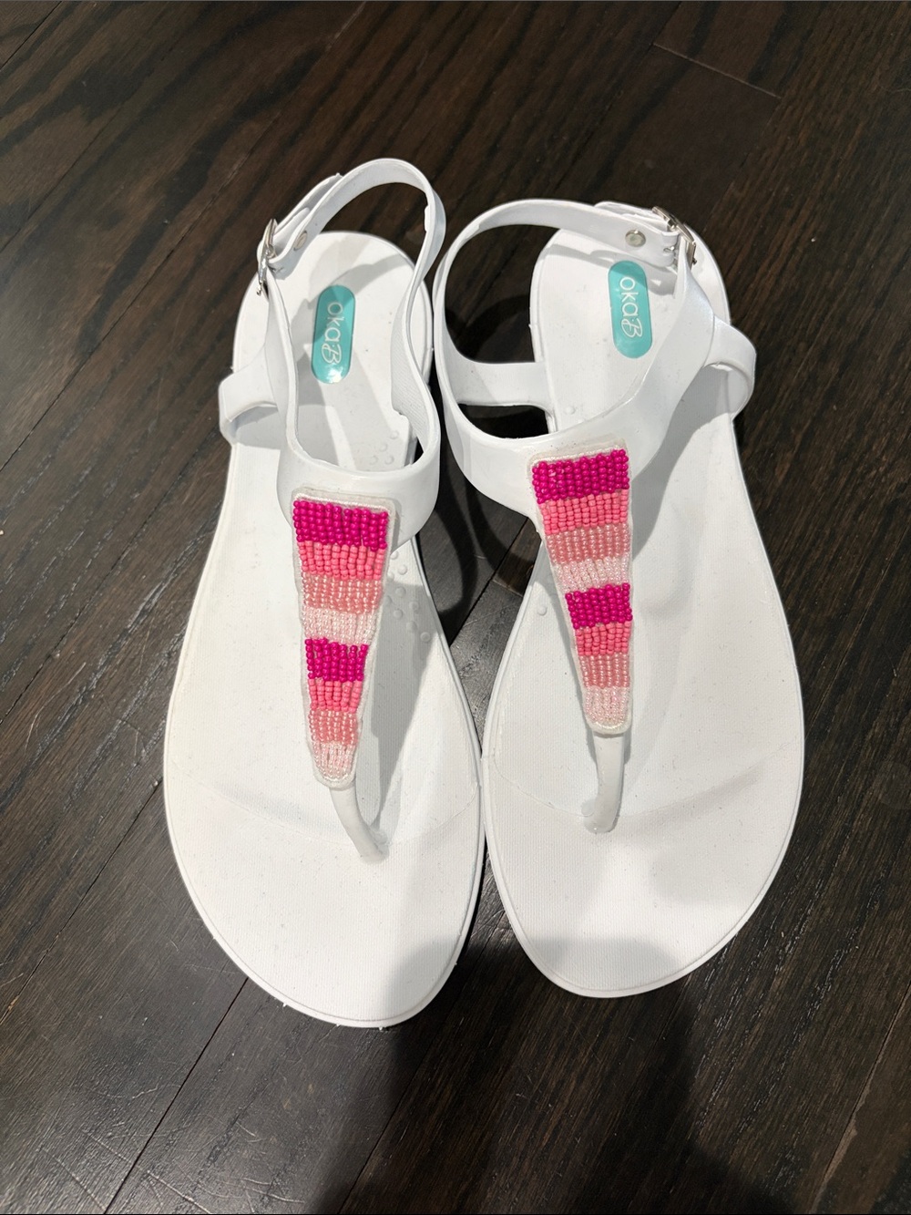 OKA b. White T-Strap Sandals with Pink Beaded Accent size 9
